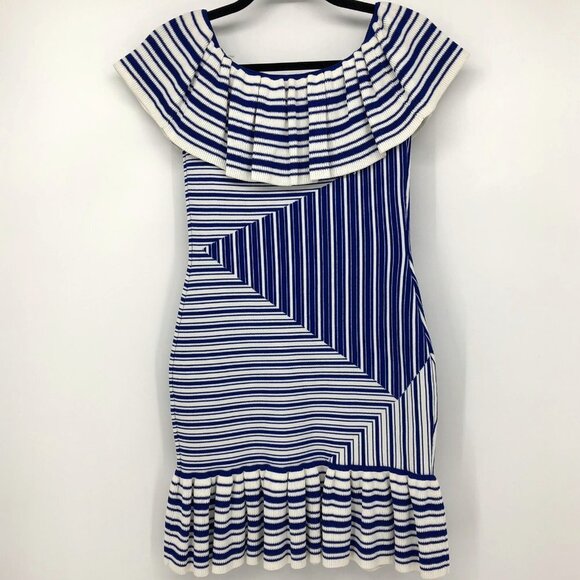Rebecca Vallance Corsica Blue and White Stripe Off shoulder Mini ruffle dress 2 - Picture 4 of 16